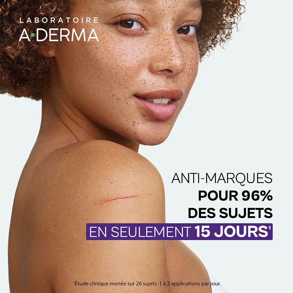Femme avec cicatrices. Texte: Anti-marques pour 96% des sujets en 15 jours.