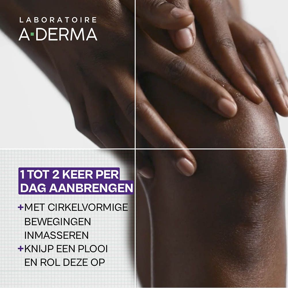 Handen masseren knie. Tekst: 1 tot 2 keer per dag aanbrengen. Masseren met cirkelvormige bewegingen.