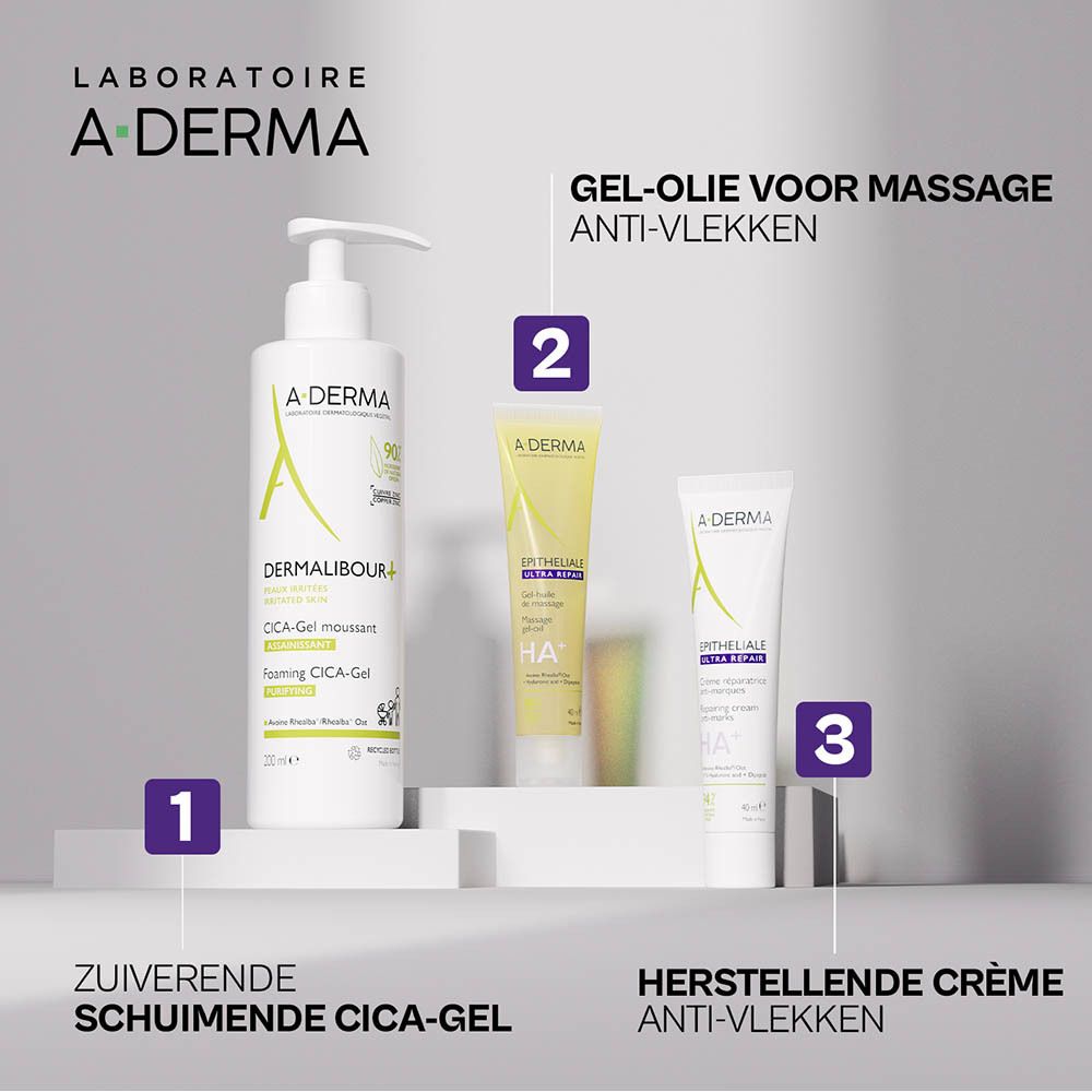 A-Derma producten: Cica-Gel, Massage gel-olie, Herstellende crème.