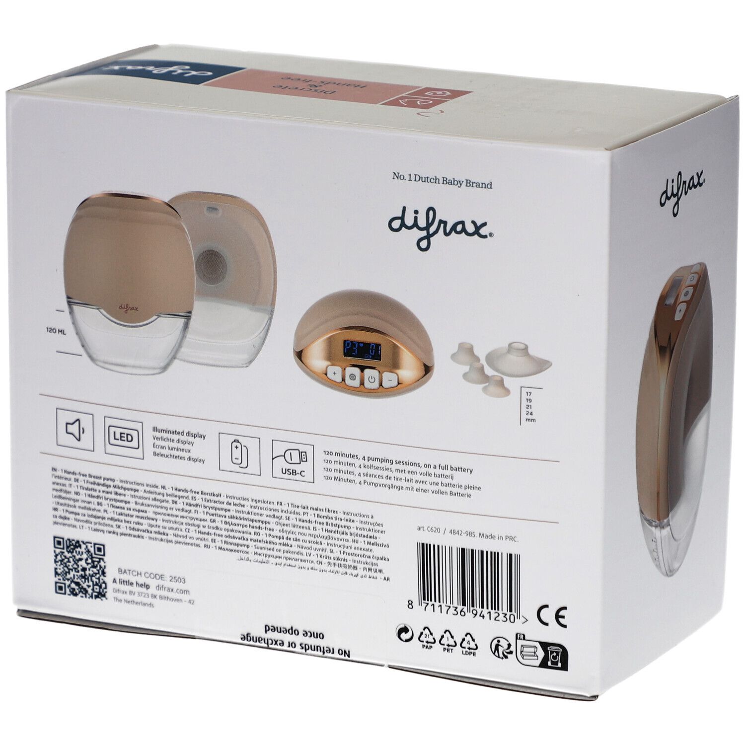 Achterkant van de verpakking met borstkolf. Merk Difrax, handsfree. Illustraties van product en accessoires.