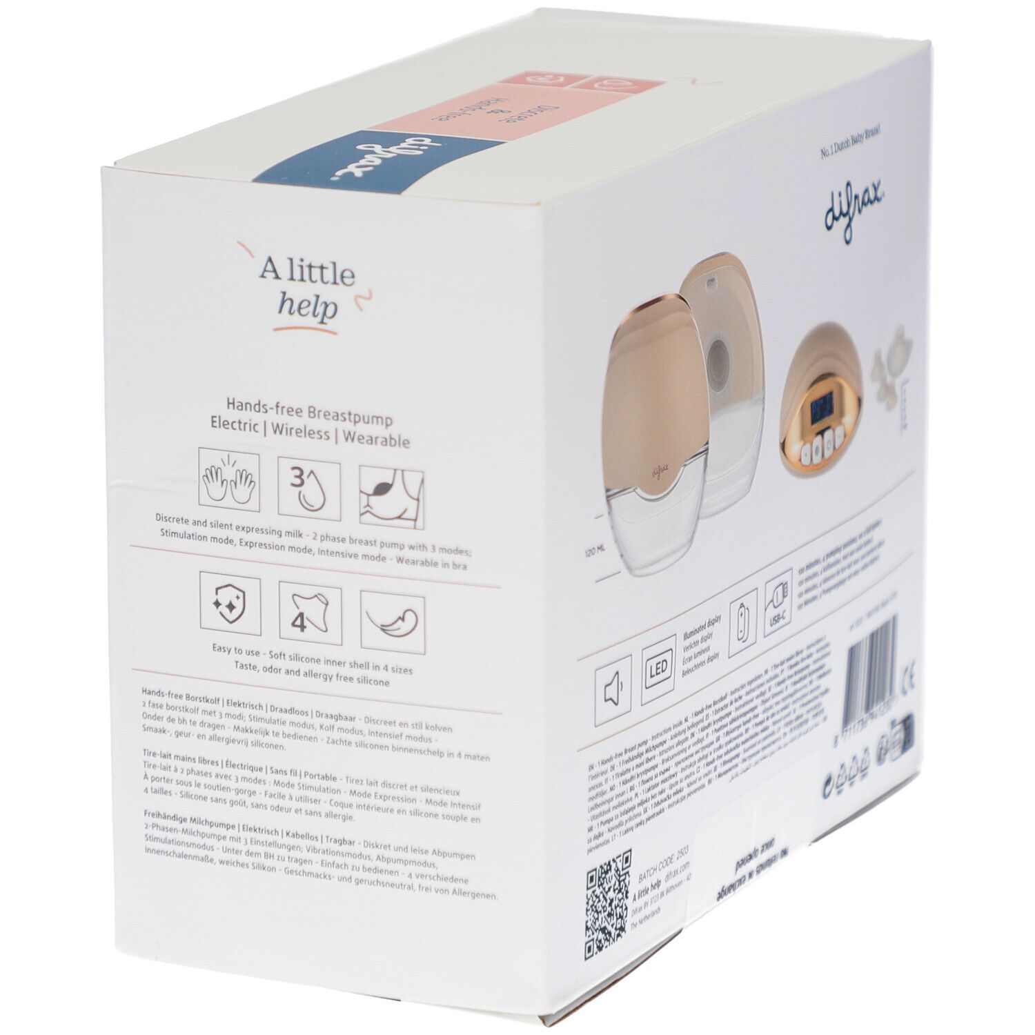 Verpakking met borstkolf. Merk Difrax, handsfree. Illustraties en productkenmerken.