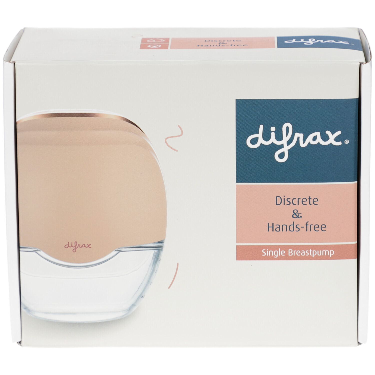 Verpakking met borstkolf. Merk Difrax, handsfree en discreet. Roze-gouden apparaat in witte doos.