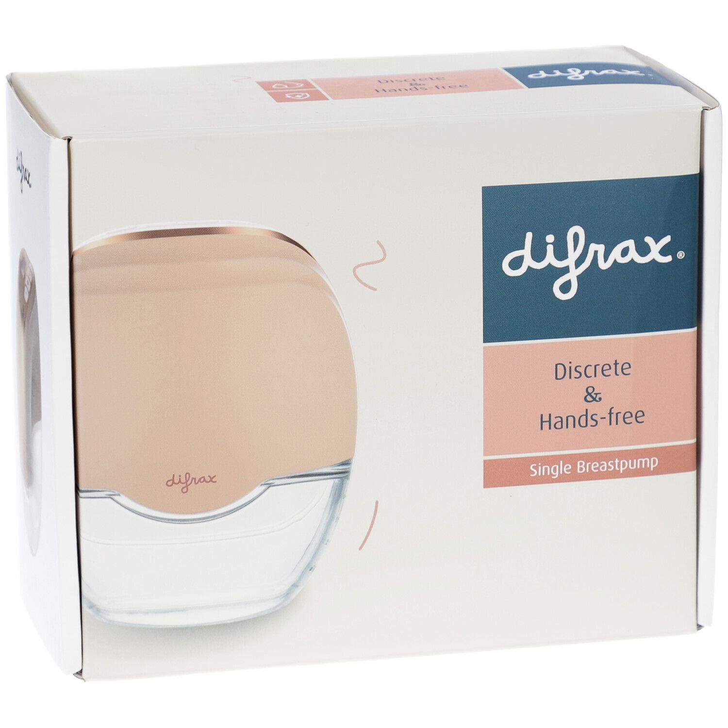 Verpakking met borstkolf. Merk Difrax, handsfree en discreet. Roze-gouden apparaat in witte doos.