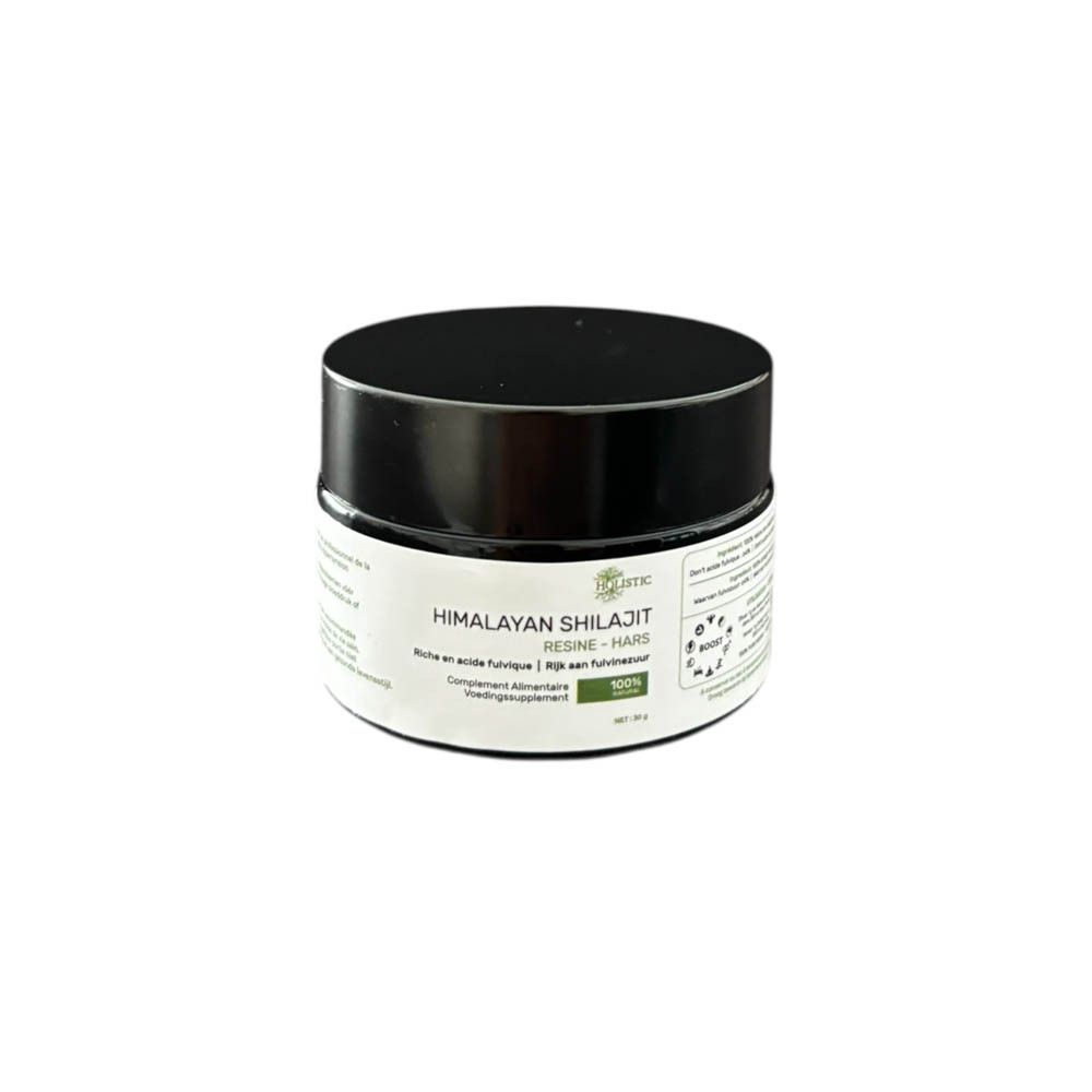 Zwarte pot met "Holistic Himalayan Shilajit Résine". Label met tekst. Witte achtergrond.
