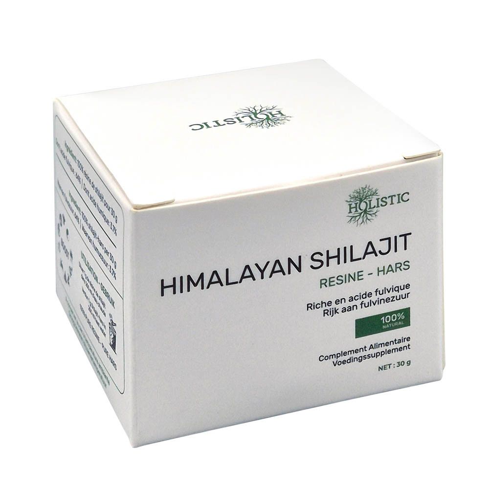 Witte doos met "Holistic Himalayan Shilajit Résine". Tekst in het Duits, Frans en Nederlands.