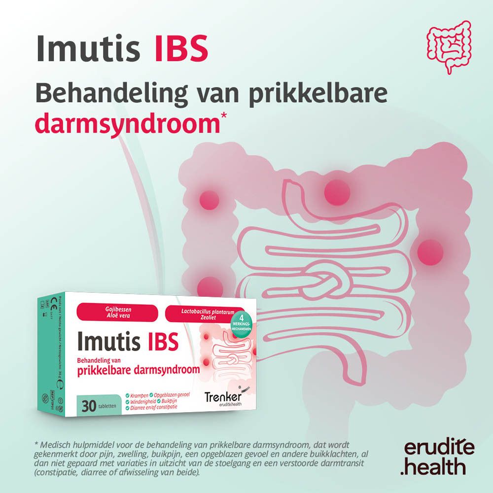 Imutis IBS verpakking met darm-icoon en informatie over prikkelbare darm syndroom behandeling.
