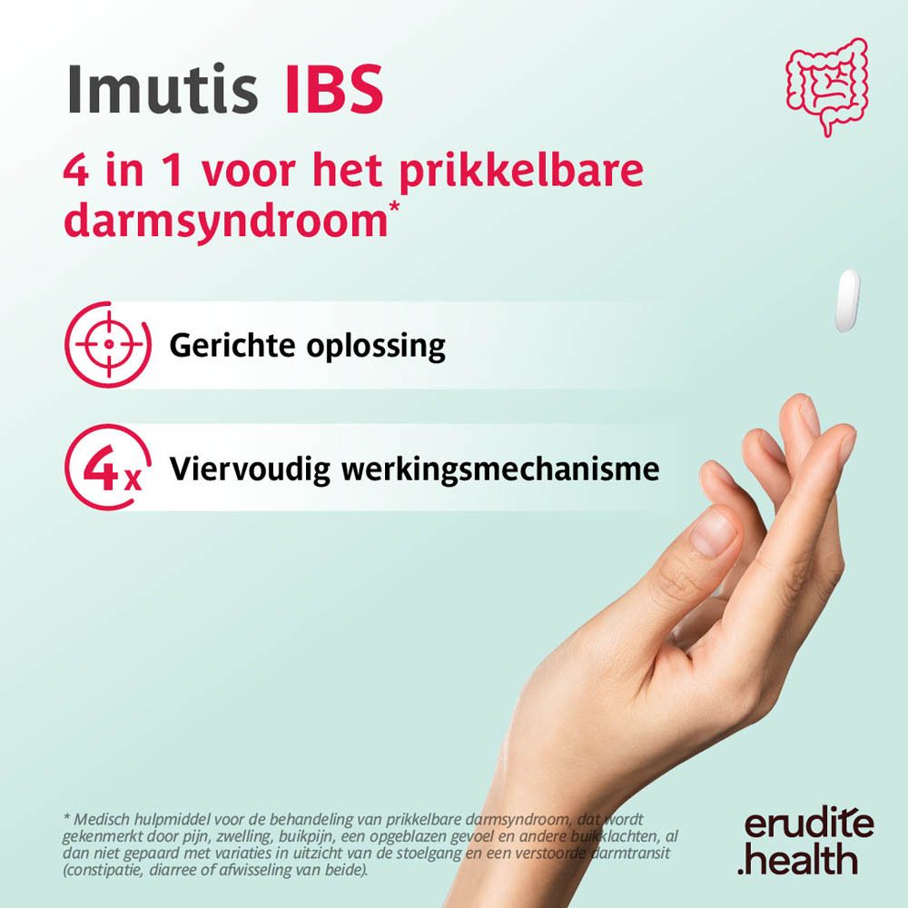 Imutis IBS verpakking met darm-icoon en informatie over 4-in-1 formule.
