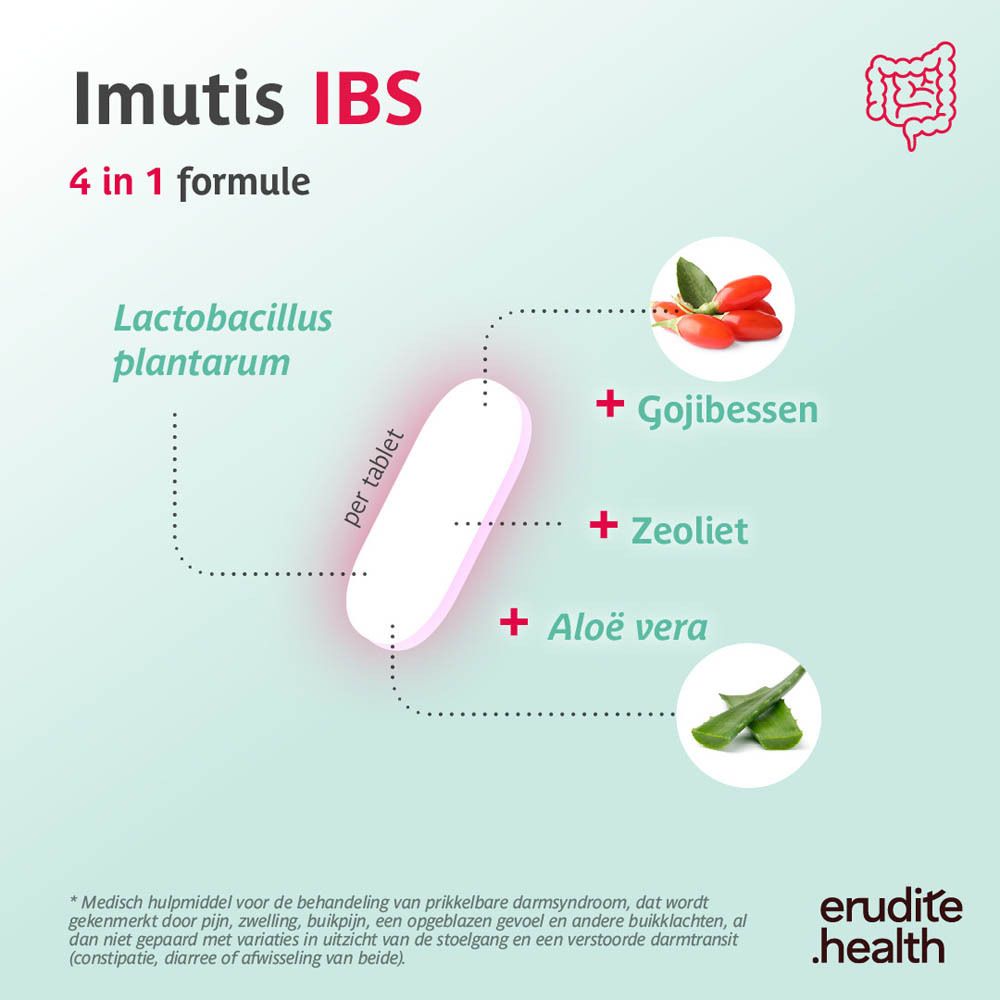 Imutis IBS verpakking met darm-icoon, met Goji, Zeoliet en Aloë Vera ingrediënten.