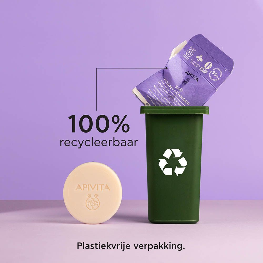 APIVITA Solid Foamy Cleanser verpakking, voorkant met productnaam en gewicht.
