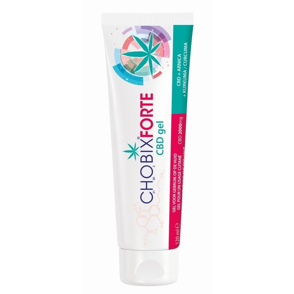 Tube et boîte de gel CBD Chobix Forte, inscription française.