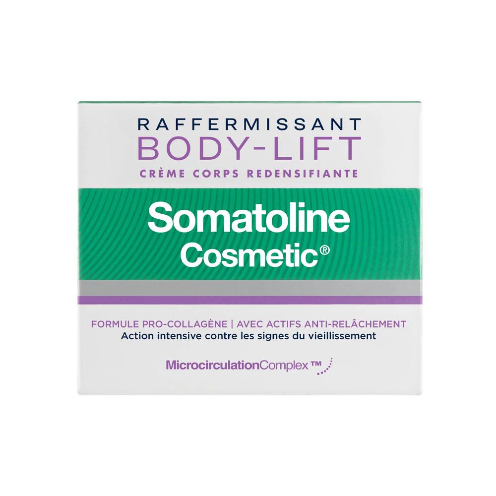 Productverpakking. Opschrift: RAFFERMISSANT BODY-LIFT CRÈME CORPS REDENSIFIANTE. Somatoline Cosmetic. Formule Pro-Collagen.