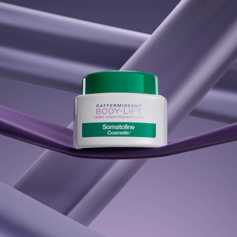 Productverpakking. Opschrift: RAFFERMISSANT BODY-LIFT CRÈME CORPS REDENSIFIANTE. Somatoline Cosmetic.