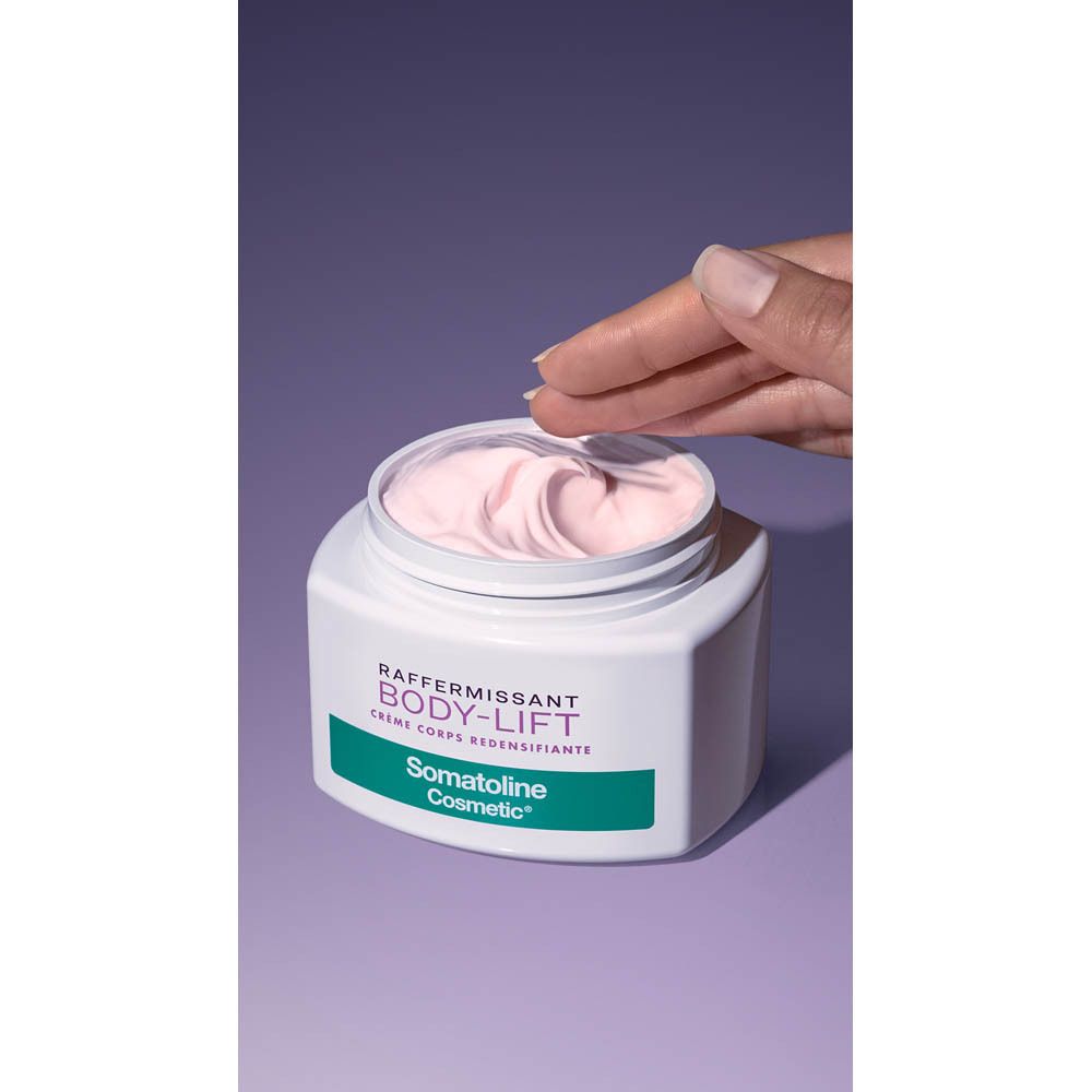 Pot avec couvercle vert. Inscription: RAFFERMISSANT BODY-LIFT CRÈME CORPS REDENSIFIANTE. Somatoline Cosmetic.