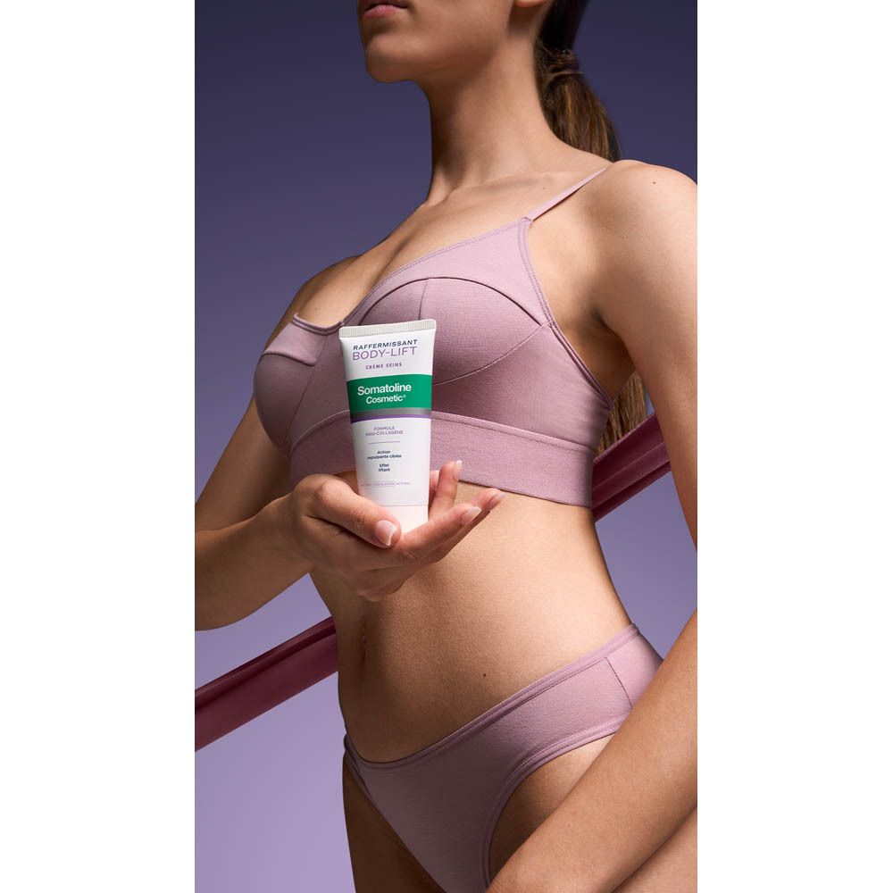 Emballage produit : boîte Body-Lift Crème Seins. Marque Somatoline Cosmetic. Vert et blanc.