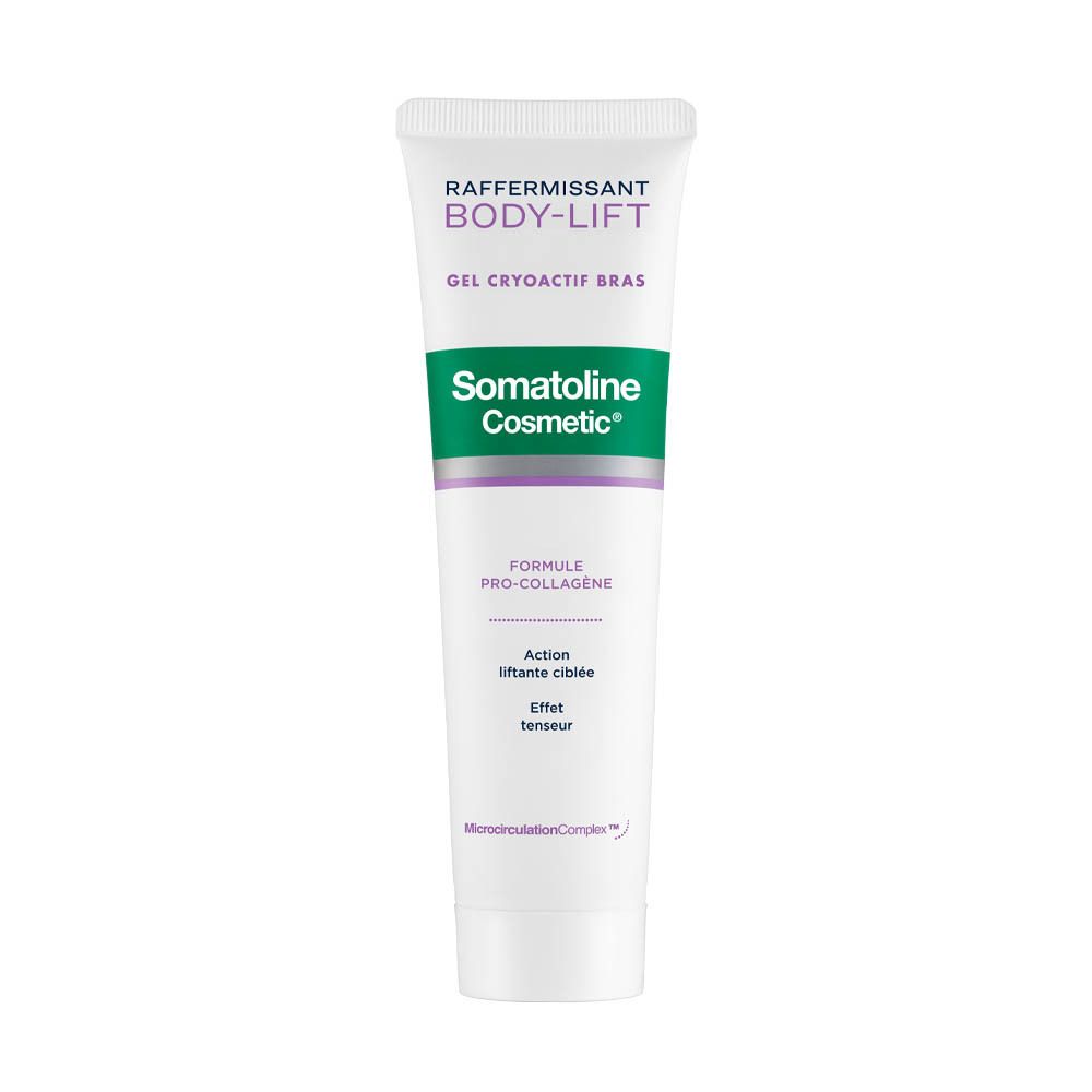 Witte en groene tube met tekst. Opschrift: RAFFERMISSANT BODY-LIFT GEL CRYOACTIF BRAS. Merk: Somatoline Cosmetic.