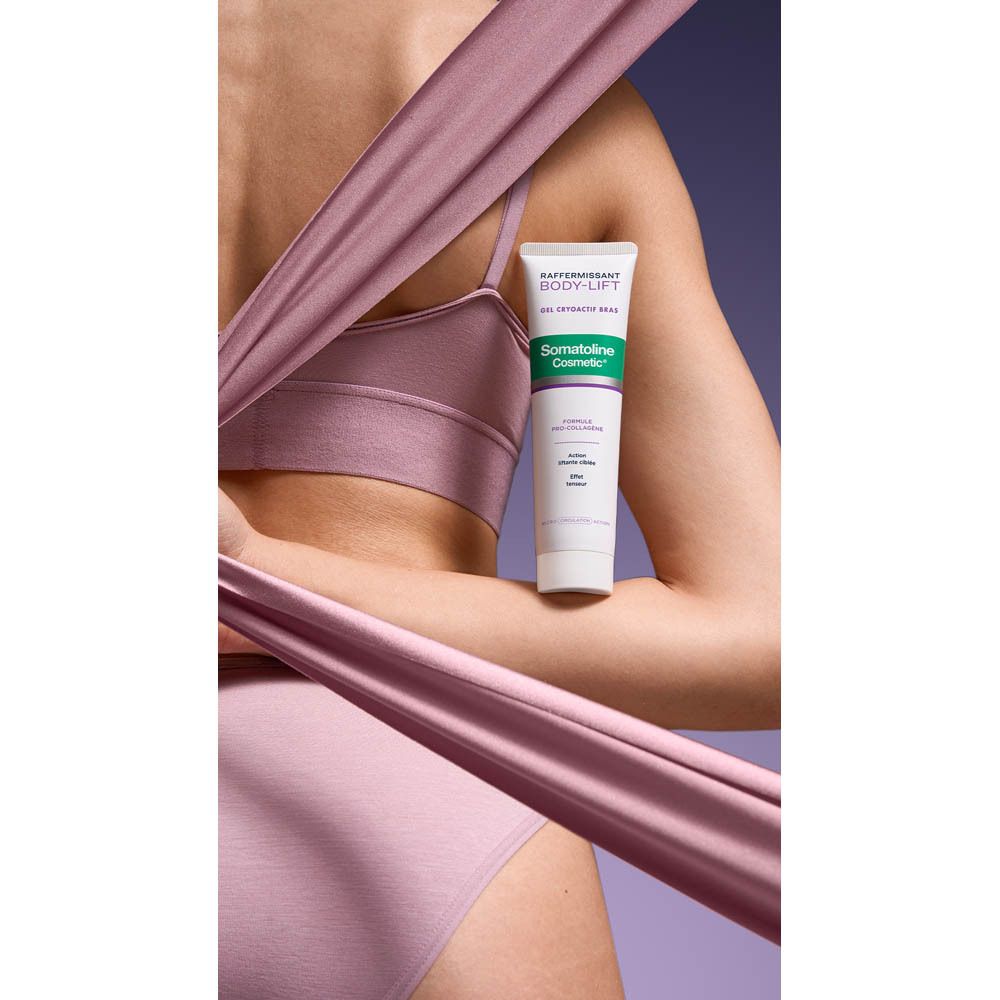Product en verpakking. Tube en doos. Opschrift: RAFFERMISSANT BODY-LIFT GEL CRYOACTIF BRAS. Merk: Somatoline Cosmetic.