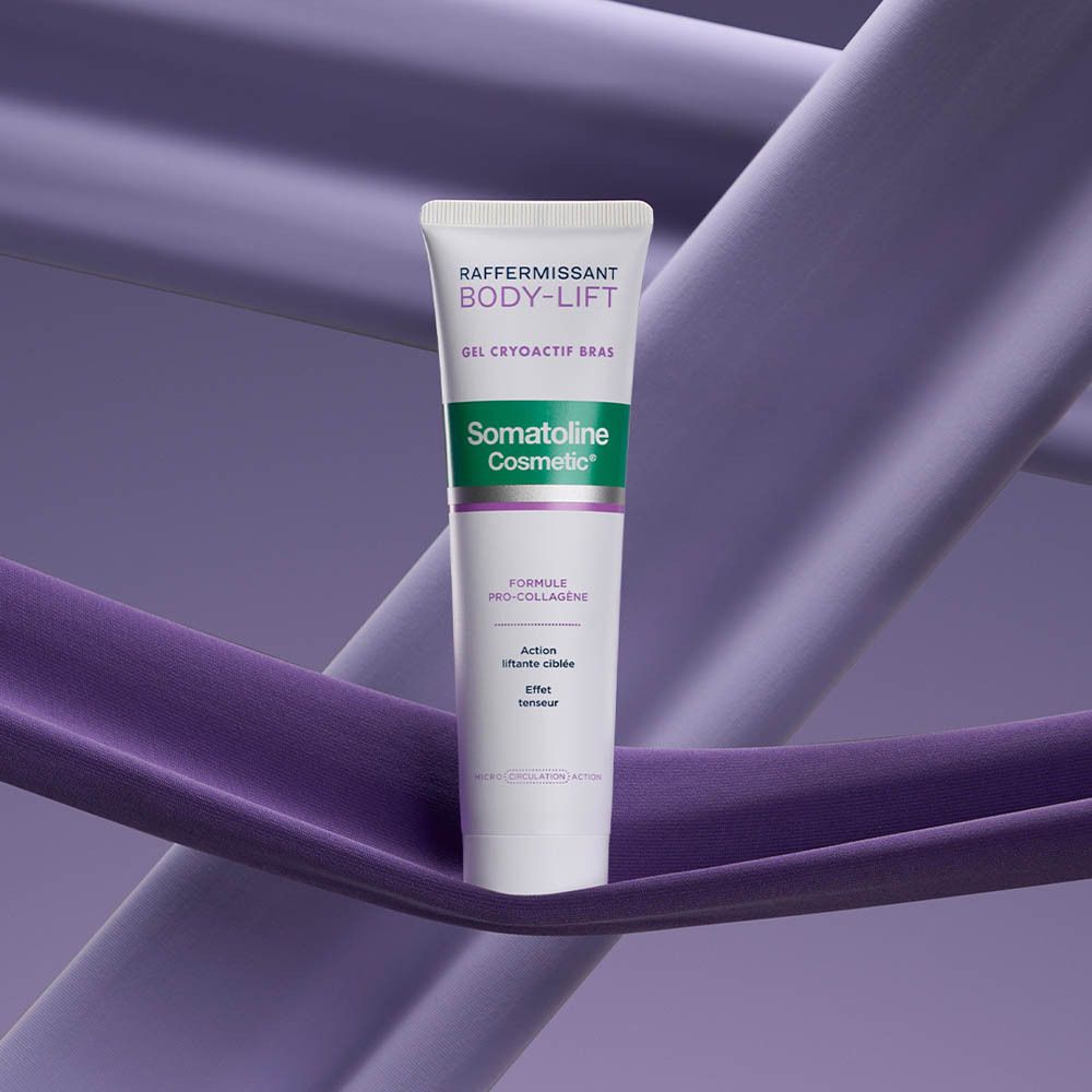 Product. Tube met tekst. Opschrift: RAFFERMISSANT BODY-LIFT GEL CRYOACTIF BRAS. Merk: Somatoline Cosmetic.
