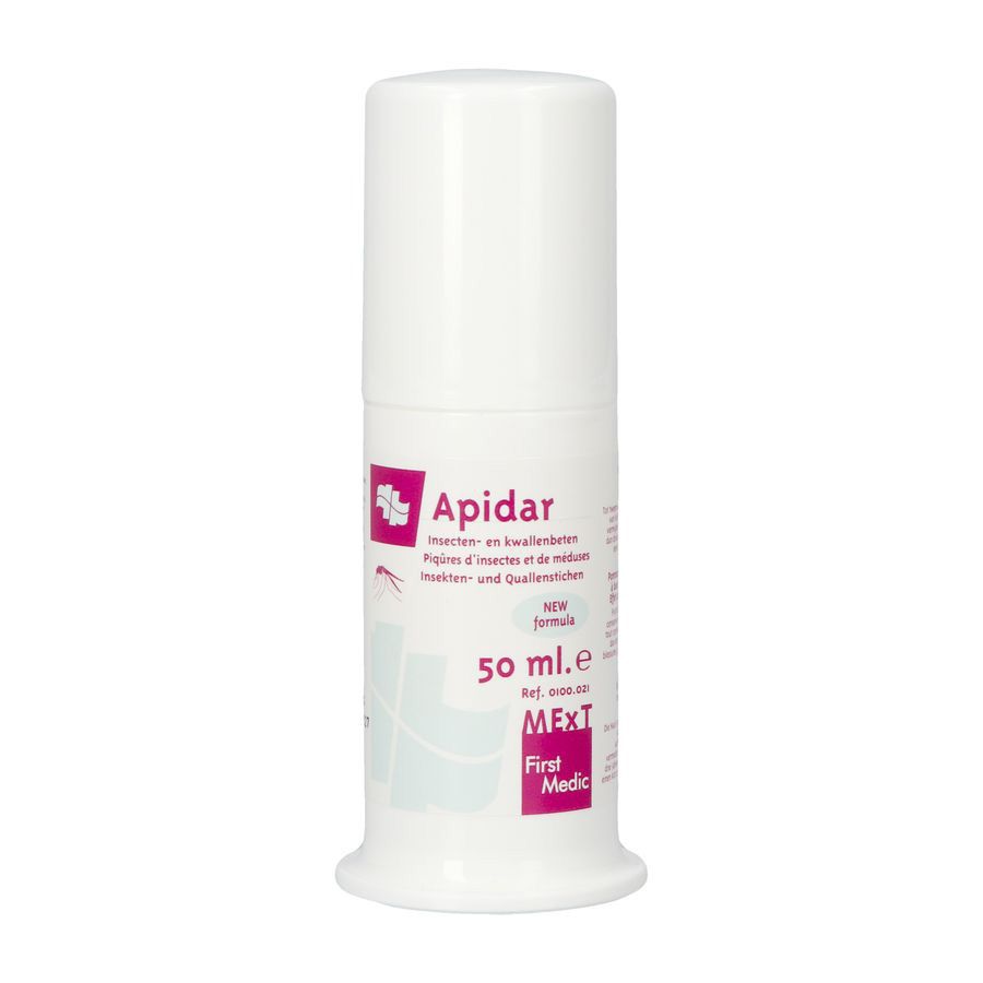 Flacon cylindrique blanc avec bouchon blanc. Inscription: Apidar, 50 ml, MExT, First Medic. Produit contre les piqûres d'insectes et de méduses.
