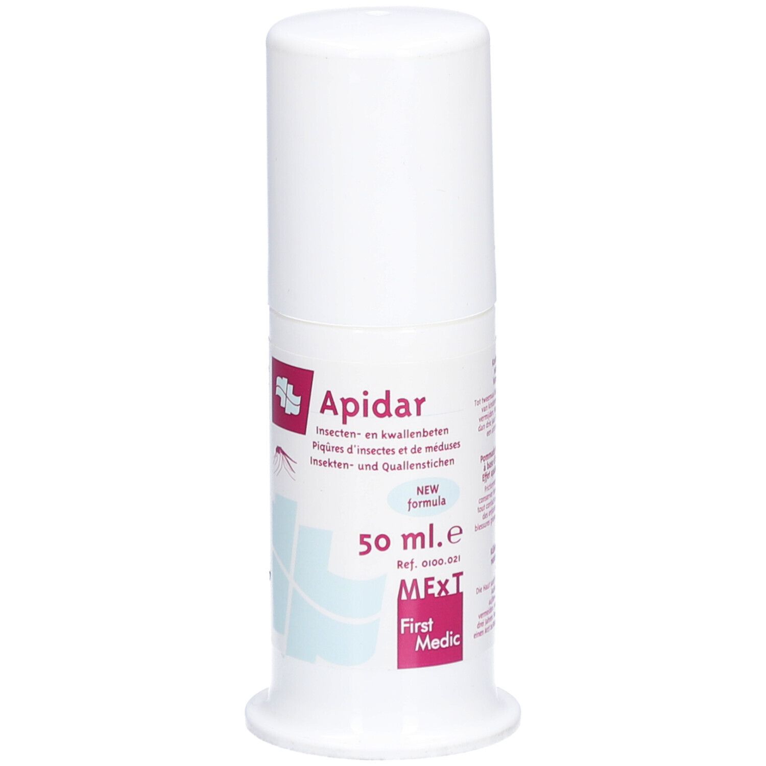Flacon cylindrique blanc avec bouchon blanc. Inscription: Apidar, 50 ml, MExT, First Medic. Produit contre les piqûres d'insectes et de méduses.