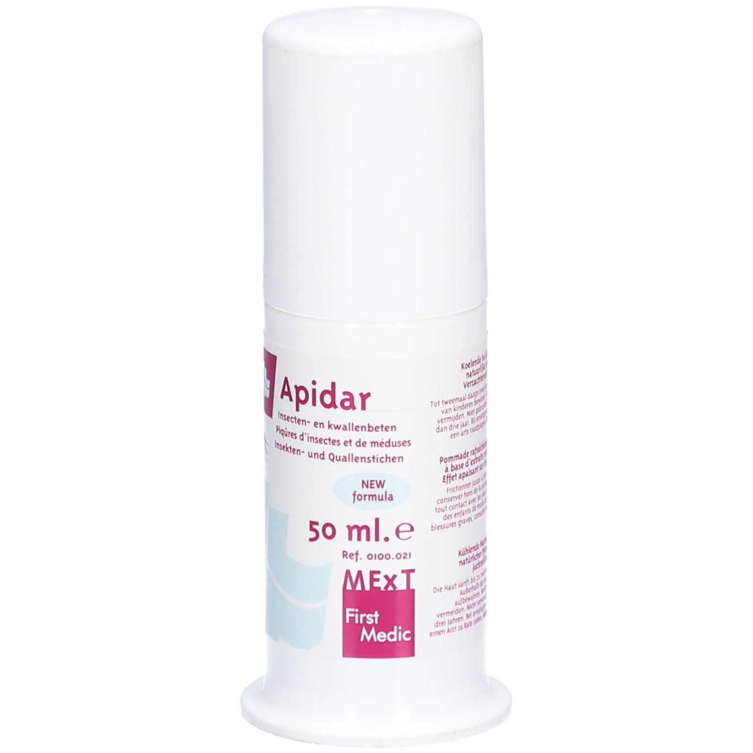 Flacon cylindrique blanc avec bouchon blanc. Inscription: Apidar, 50 ml, MExT, First Medic. Produit contre les piqûres d'insectes et de méduses.