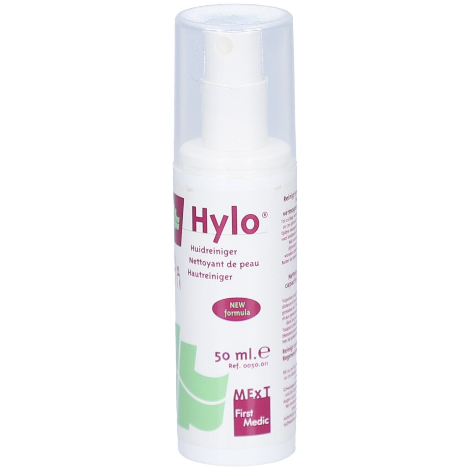 Witte sprayfles met transparante dop. Opschrift: Hylo, Huidreiniger, 50 ml. Logo: MExT First Medic.