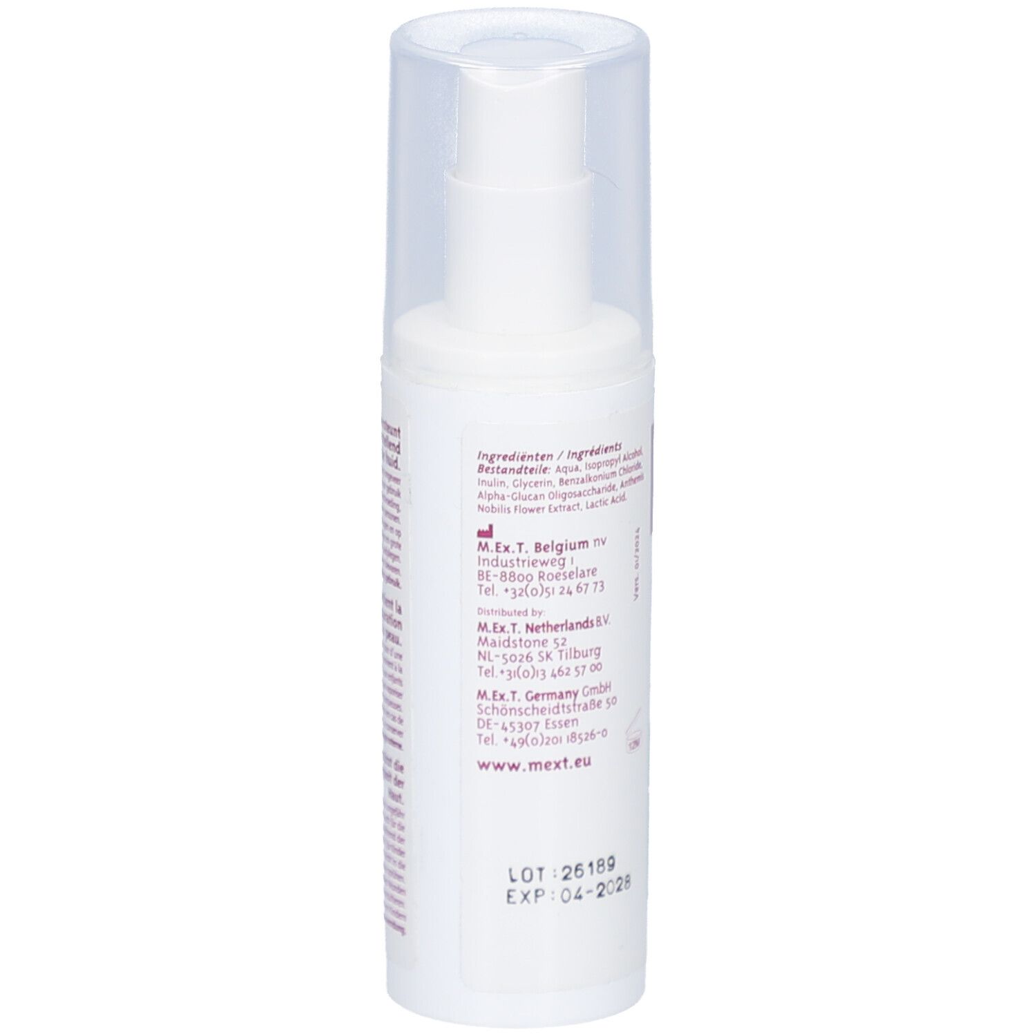 Witte sprayfles met transparante dop. Achterkant met ingrediënten, fabrikantenadres en houdbaarheidsdatum.