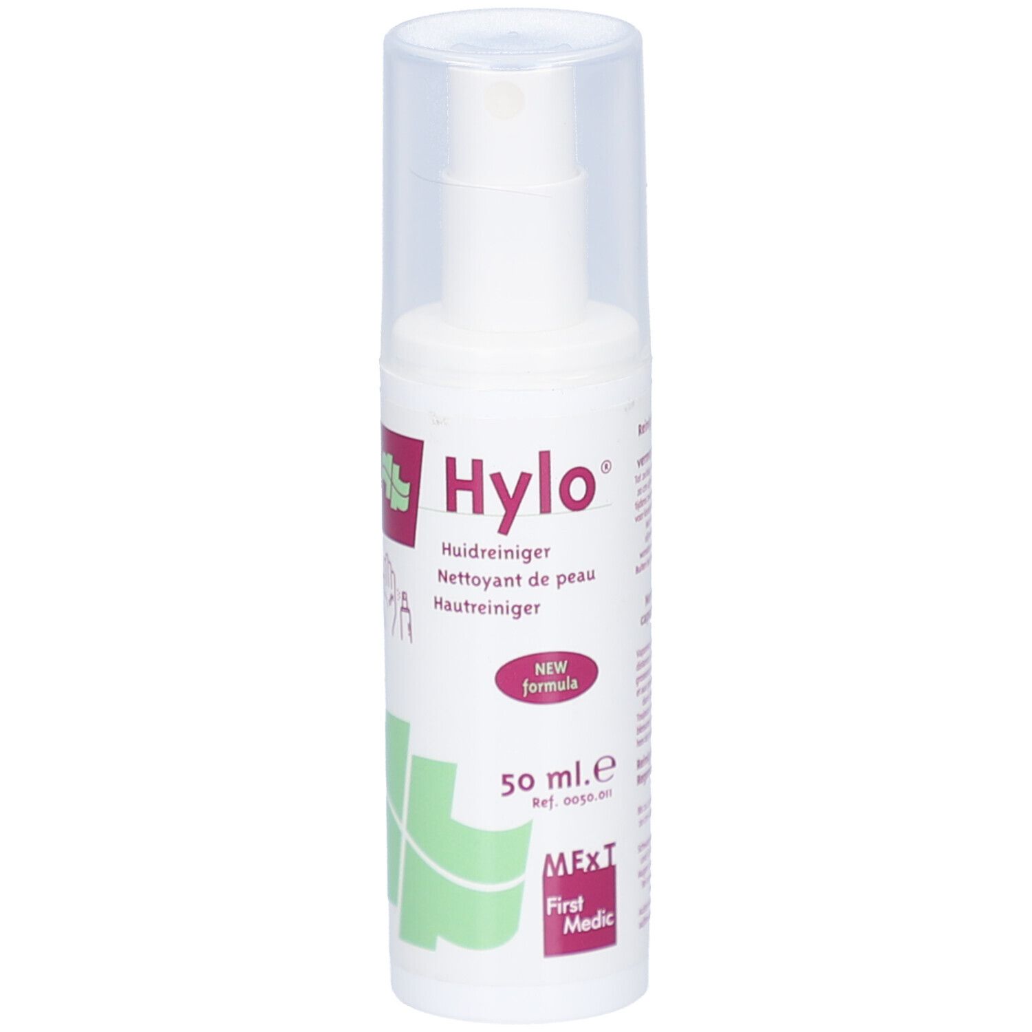 Witte sprayfles met transparante dop. Opschrift: Hylo, Huidreiniger, 50 ml. Logo: MExT First Medic. Nieuwe formule.