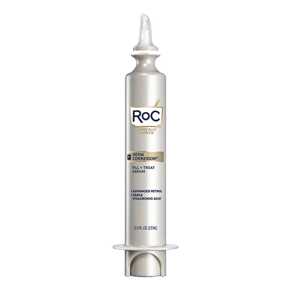 RoC Derm Correxion serumflesje. Grijs flesje met applicator. Bevat retinol en hyaluronzuur. 0,5 fl oz (15 ml).