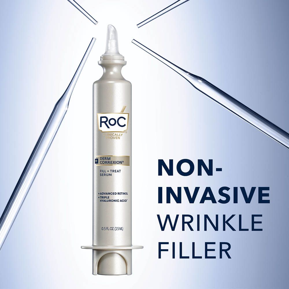 RoC Derm Correxion serumflesje met applicator. Achtergrond met tekst: niet-invasieve rimpelvuller.