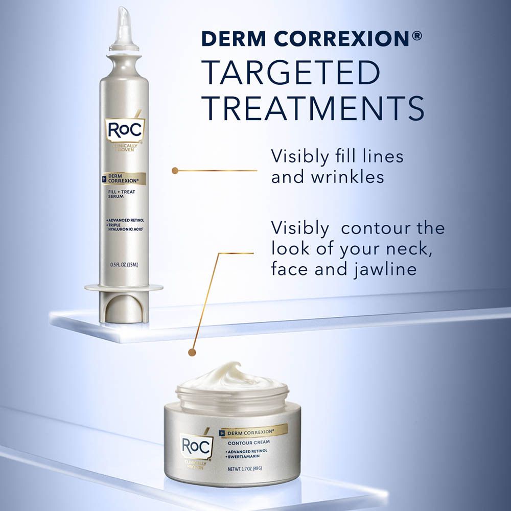 Productafbeelding. RoC Derm Correxion serum en crème. Toont gerichte behandelingen voor rimpels en contouren.