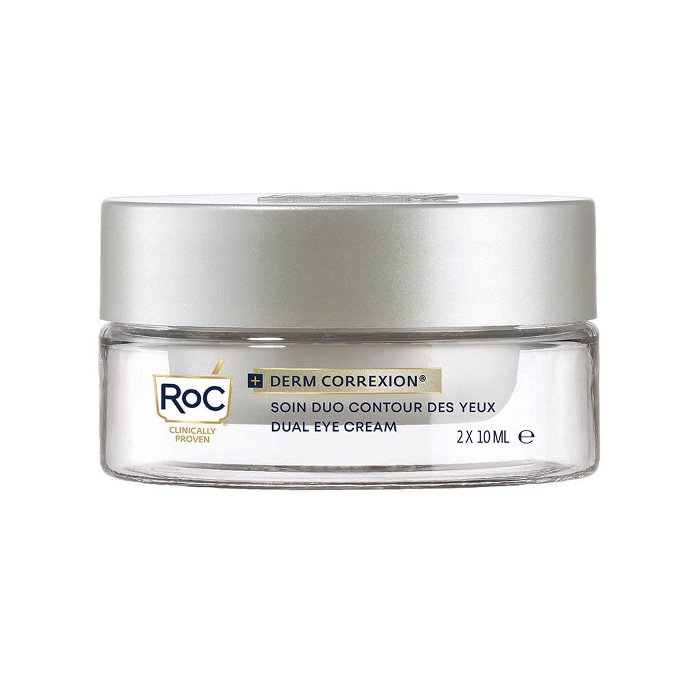 Pot en verre avec crème et gel. Marque RoC, nom Dual Eye Cream. Contient 2x10 ml.