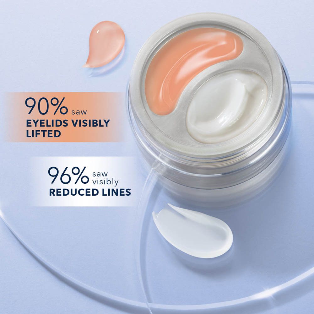 Product in een glazen pot. Twee compartimenten met crème en gel. Tekst: 90% zag oogleden zichtbaar gelift.