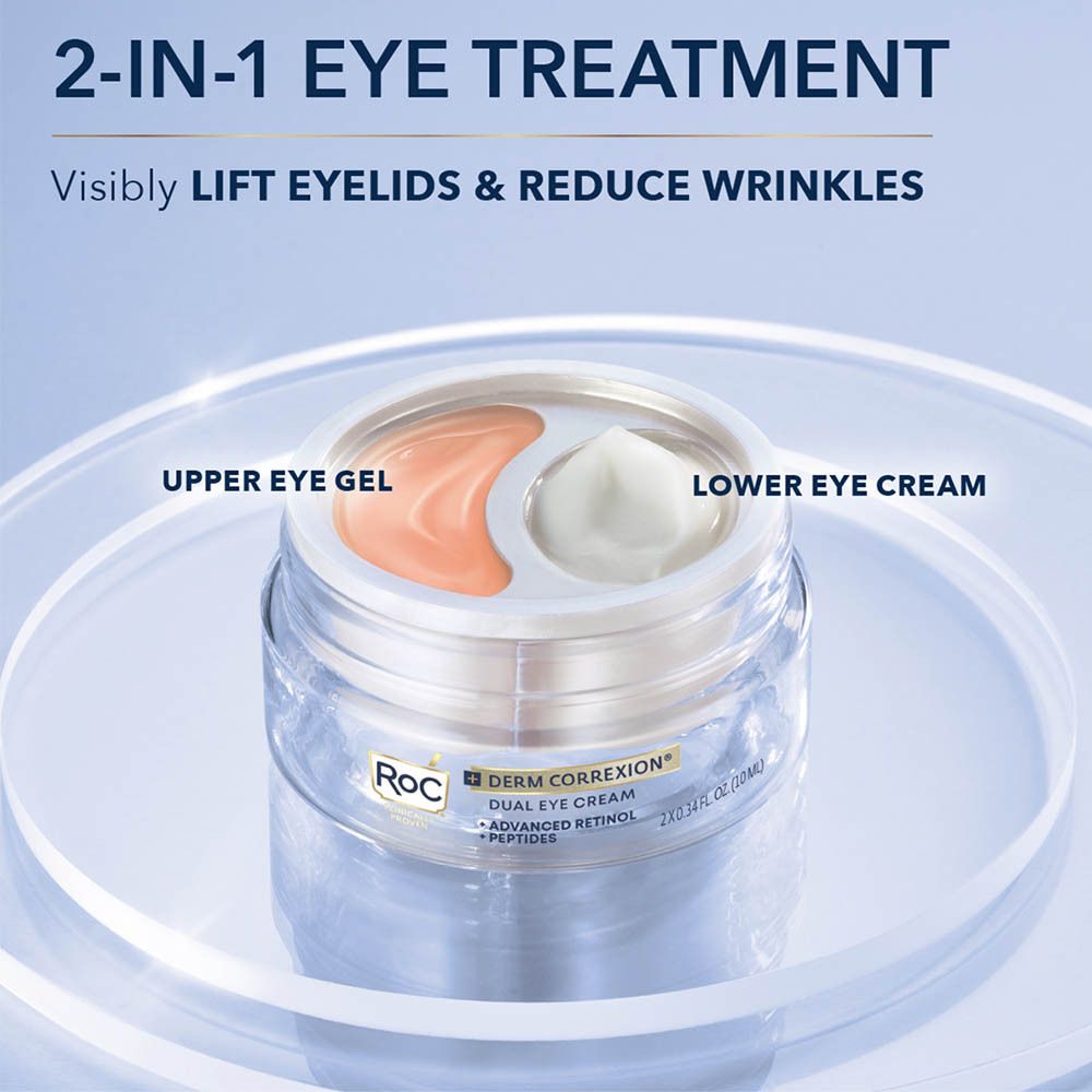 Product in een glazen pot. Twee compartimenten met crème en gel. Tekst: 2-in-1 oogbehandeling.