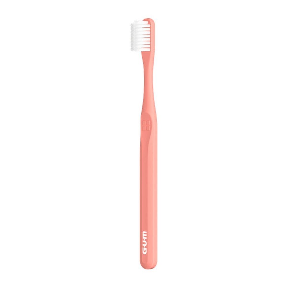 Roze tandenborstel met witte borstelkop. GUM-logo op handvat. GUM Classic Compact Weiche Zahnbürste 409.