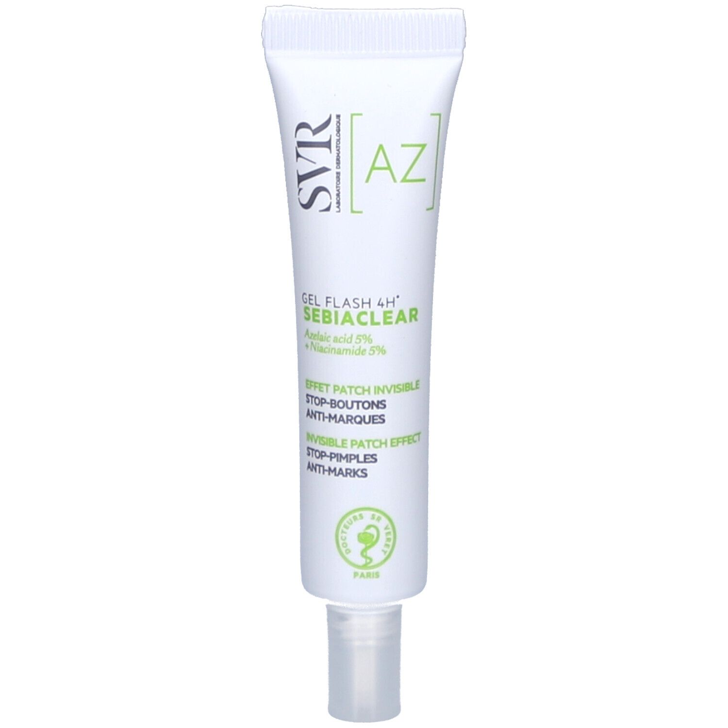 Witte tube met groene opdruk. Bevat Gel Flash 4H Sebiaclear. Merk SVR. Met applicator.