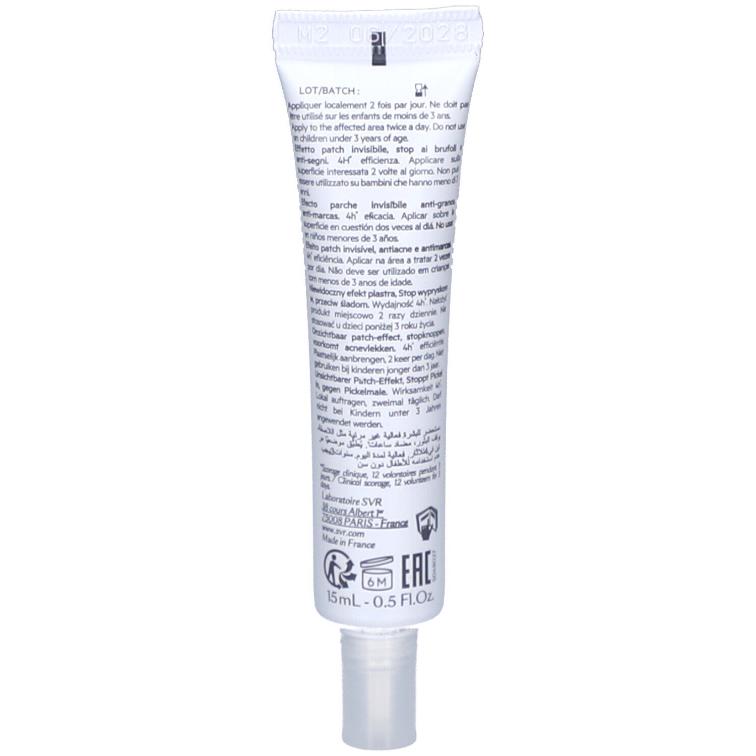 Achterkant van de witte tube. Tekst in meerdere talen. Bevat informatie over gebruik en ingrediënten.