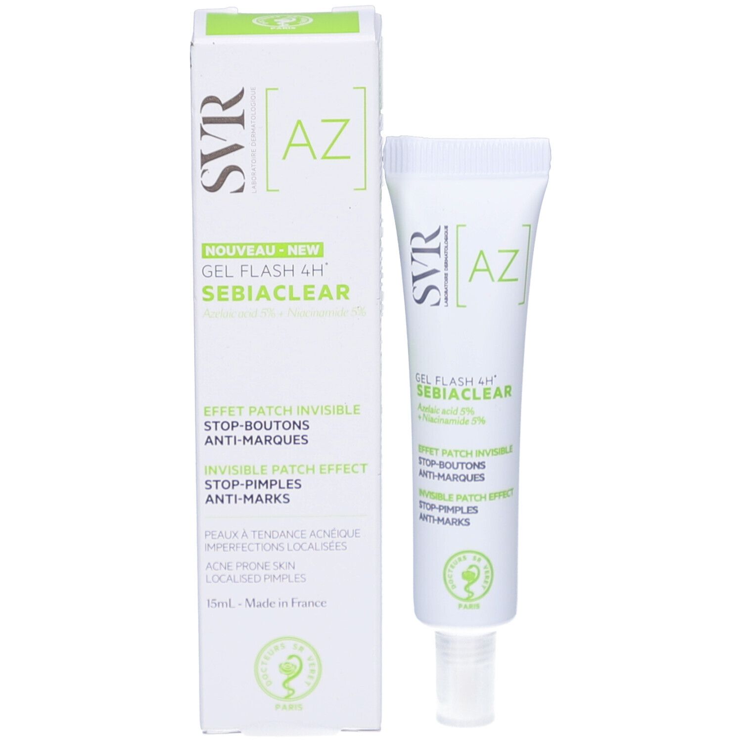 Productverpakking met tube. Witte doos en tube met groene opdruk. Merk SVR. Bevat Gel Flash 4H Sebiaclear.