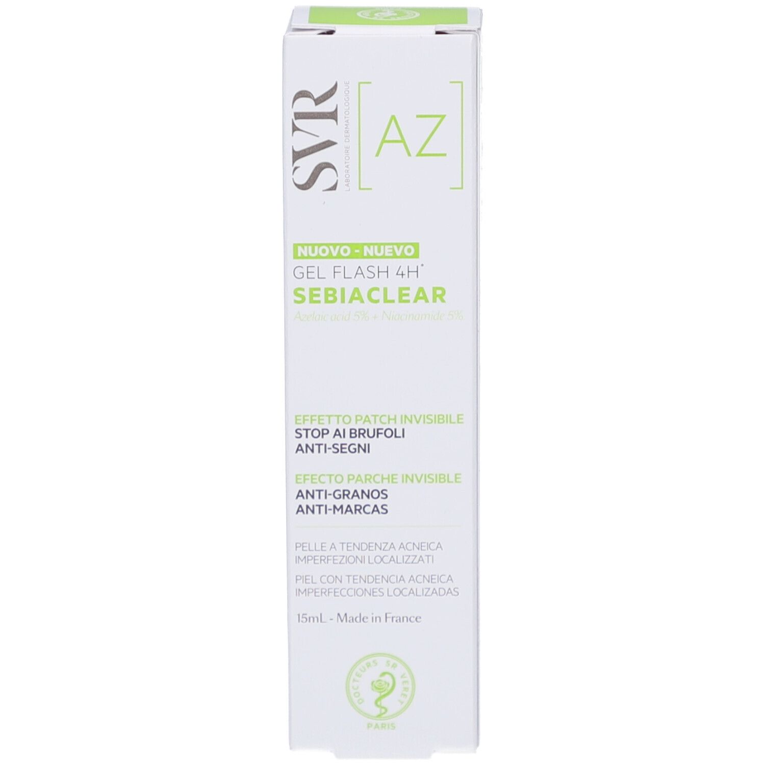 Witte doos met groene opdruk. Bevat Gel Flash 4H Sebiaclear. Merk SVR. Tekst in het Italiaans.