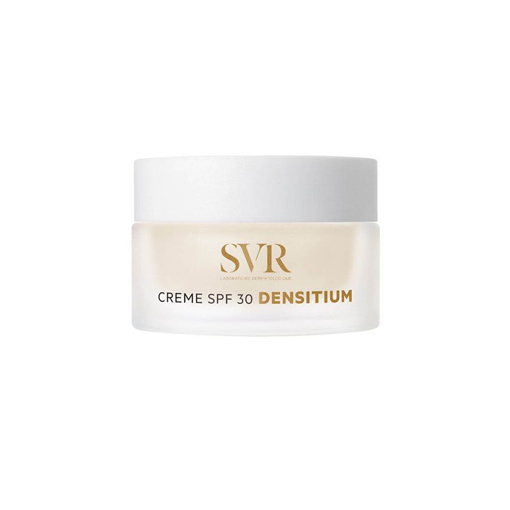 Crèmepot met witte deksel. Op de pot staat SVR, CREME SPF 30 DENSITIUM.