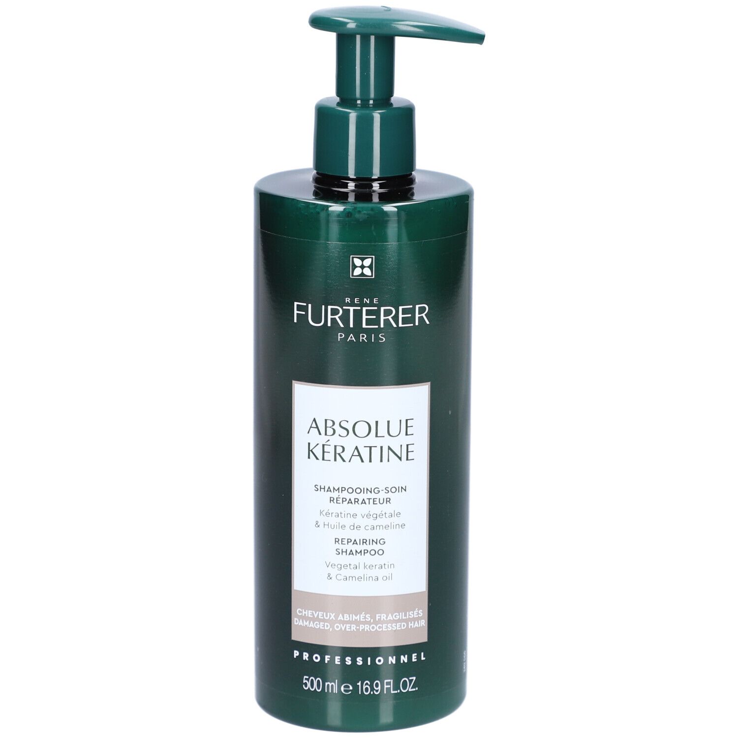 Groene shampoo fles met pomp. Opschrift: Rene Furterer Paris, Absolue Keratine. Inhoud: 500 ml.