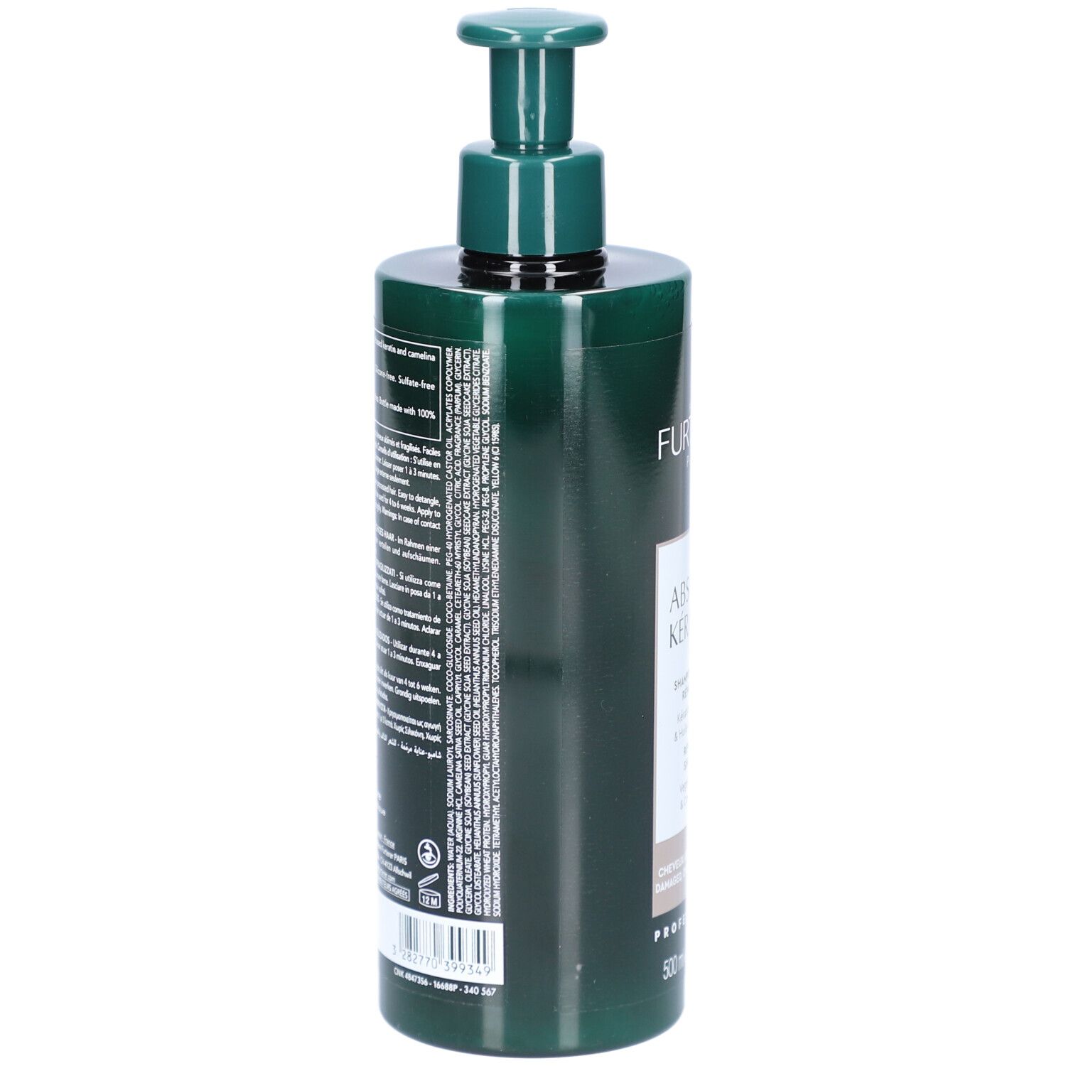 Groene shampoo fles, zijaanzicht. Tekst op etiket. Fabrikant informatie en barcode.