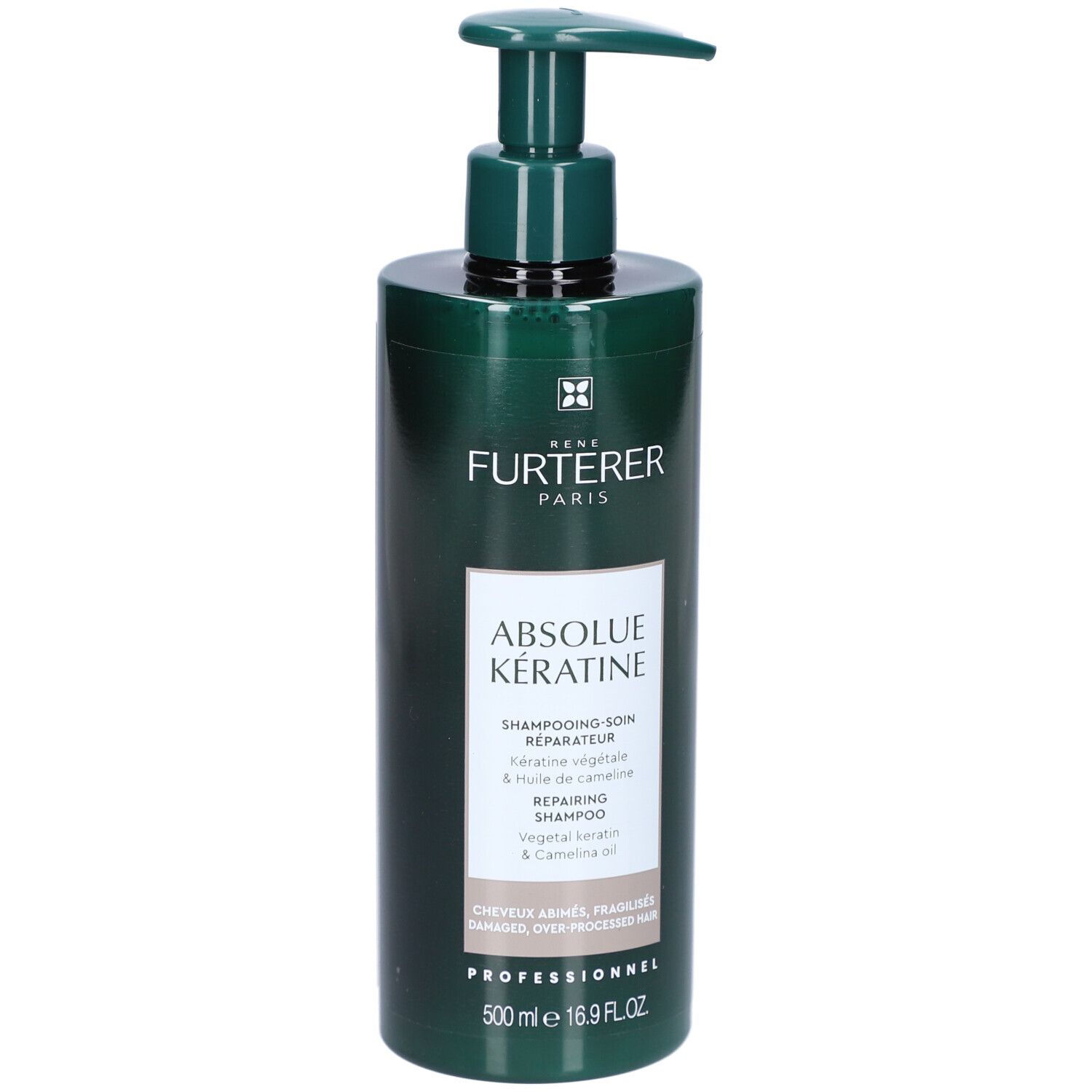 Groene shampoo fles met pomp. Opschrift: Rene Furterer Paris, Absolue Keratine. Inhoud: 500 ml.