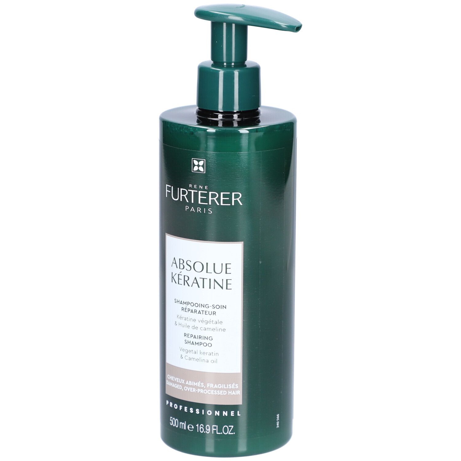 Groene shampoo fles met pomp. Opschrift: Rene Furterer Paris, Absolue Keratine. Inhoud: 500 ml.