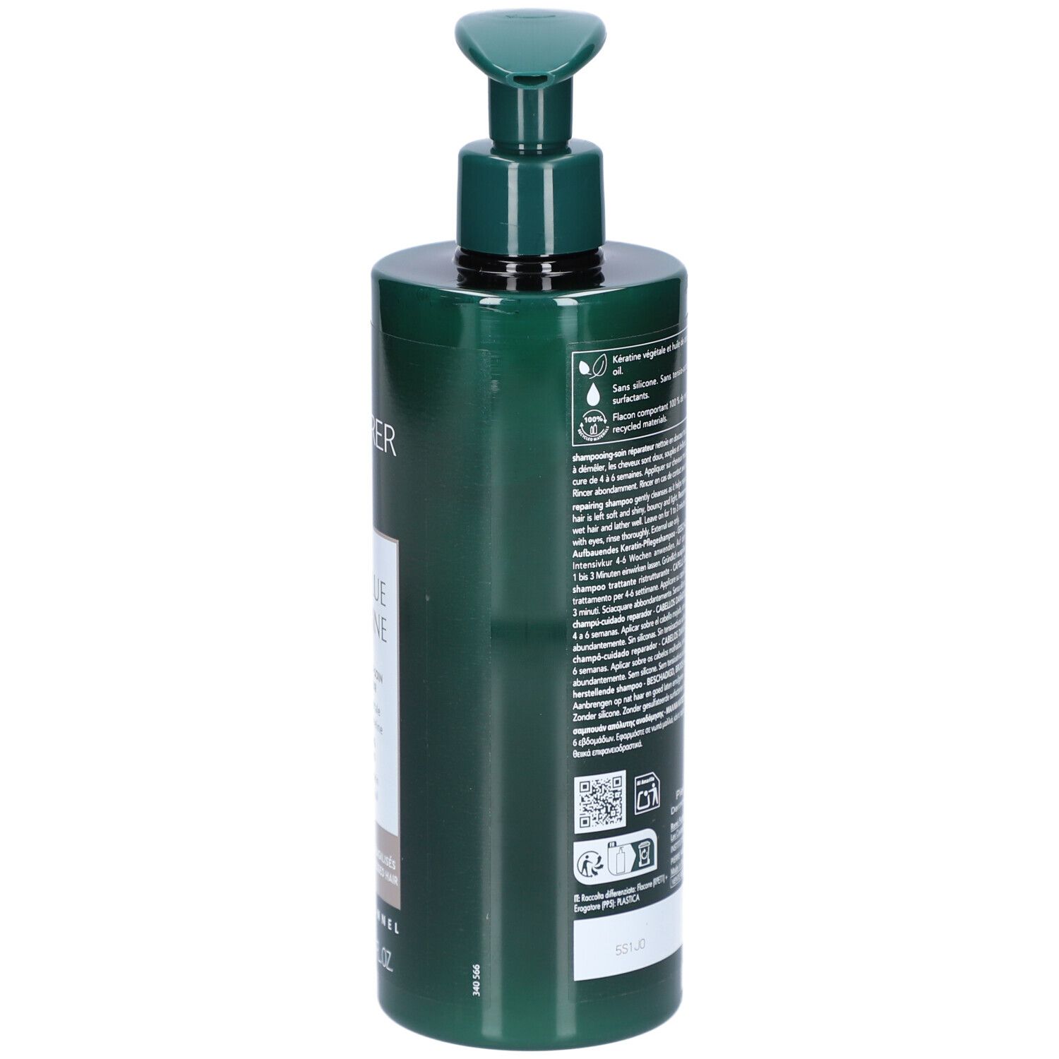 Groene shampoo fles, zijaanzicht. Tekst op etiket. Fabrikant informatie en logo's.