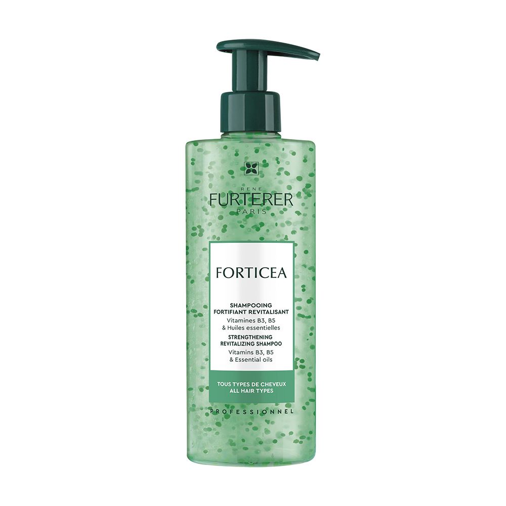 Flacon vert avec pompe. Inscription: FORTICEA, Shampooing Fortifiant Revitalisant. Pour tous types de cheveux.