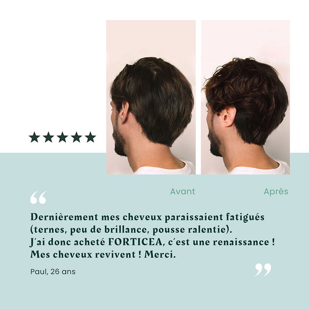 Comparaison avant-après des cheveux. Citation: Mes cheveux semblaient fatigués. FORTICEA est une renaissance!