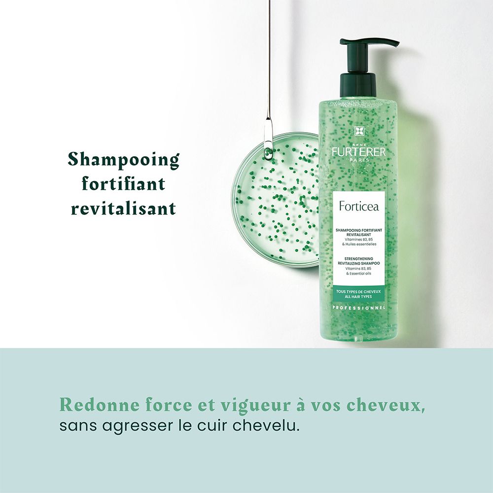 Flacon vert avec pompe et récipient rond. Texte: Shampooing fortifiant revitalisant. Renforce les cheveux.