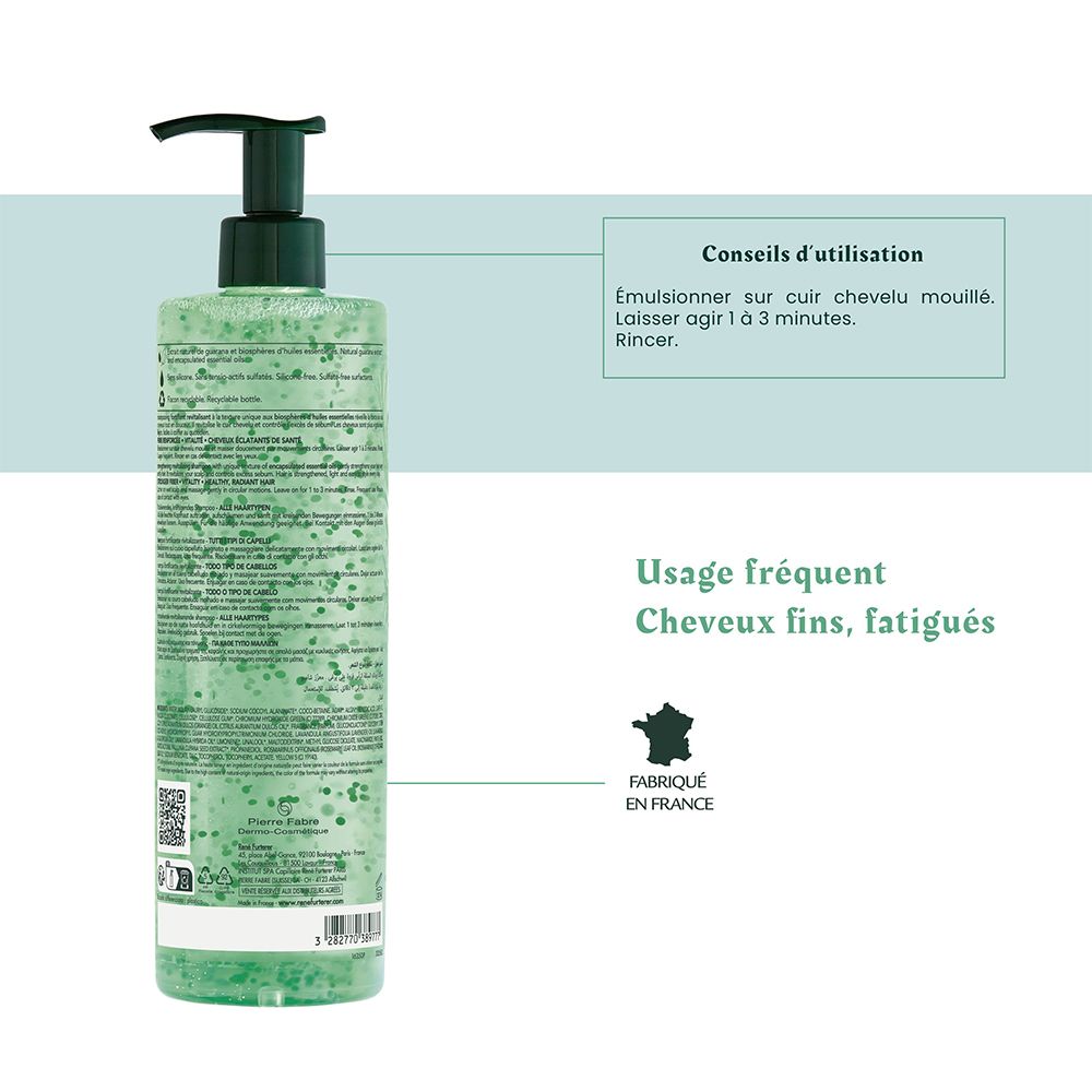 Dos du flacon. Texte: Conseils d'utilisation. Usage fréquent. Pour cheveux fins, fatigués. Fabriqué en France.
