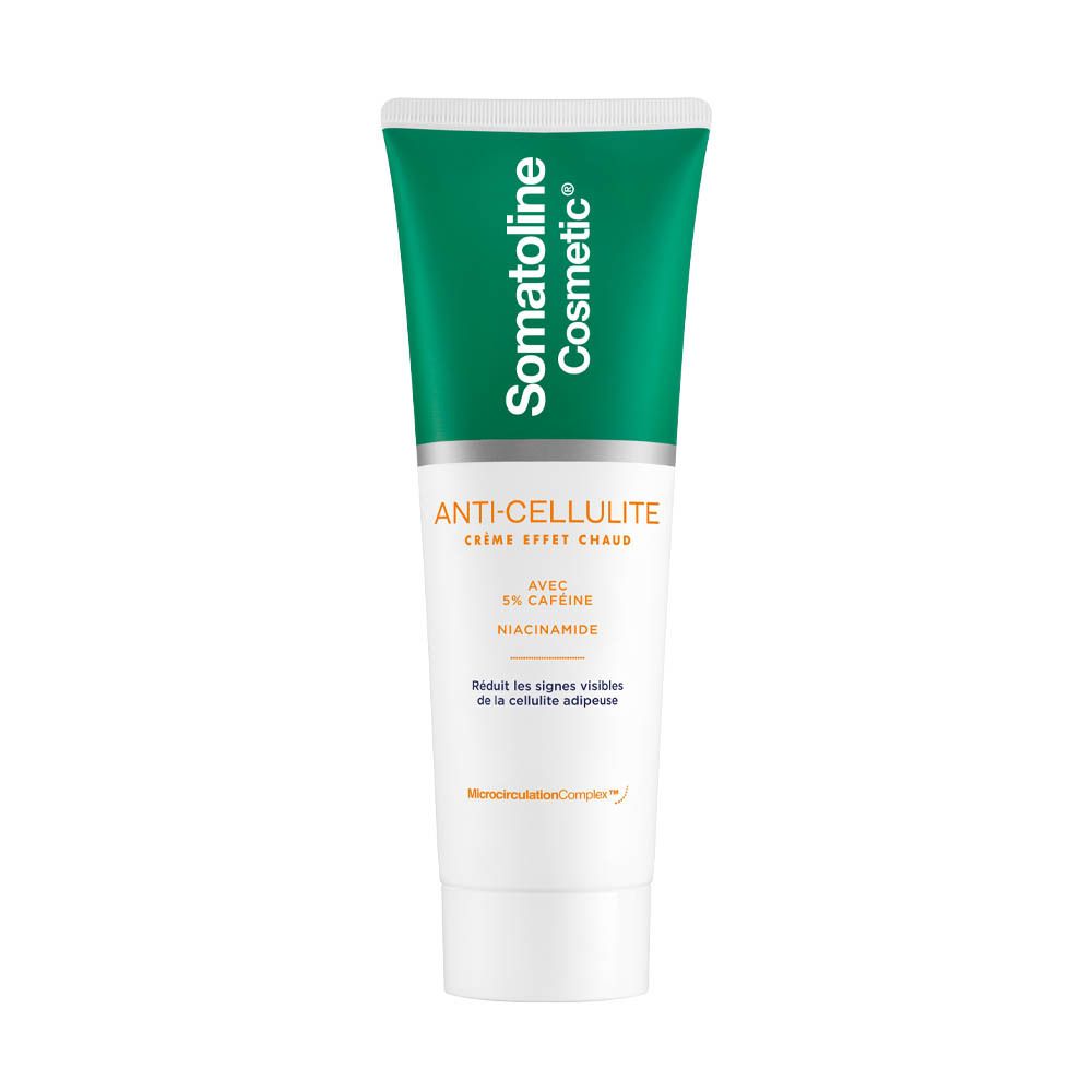 Tube de crème avec bouchon vert. Inscription: Somatoline Cosmetic, Anti-Cellulite Crème, Crème effet chaud.