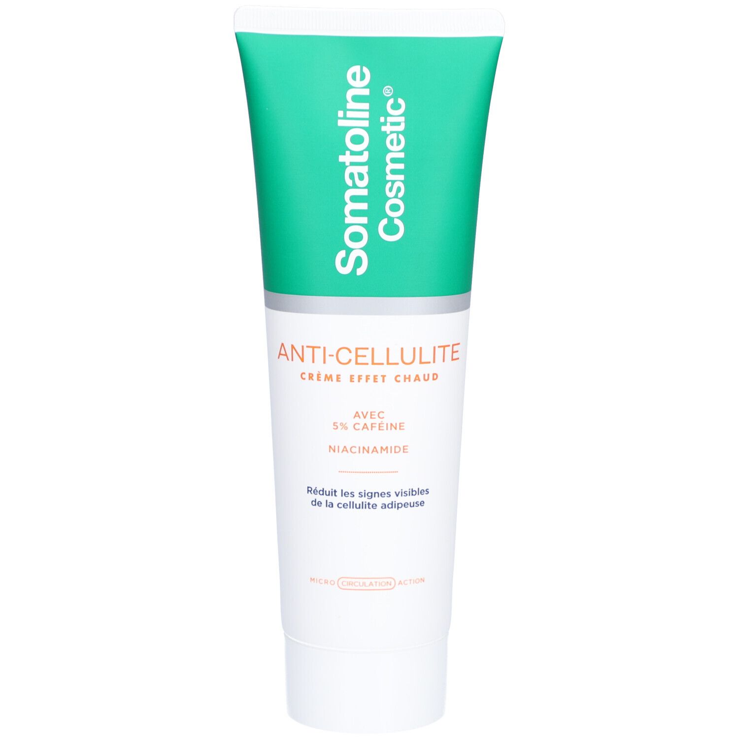 Tube de crème avec bouchon vert. Inscription: Somatoline Cosmetic, Anti-Cellulite Crème, avec 5% caféine et niacinamide.